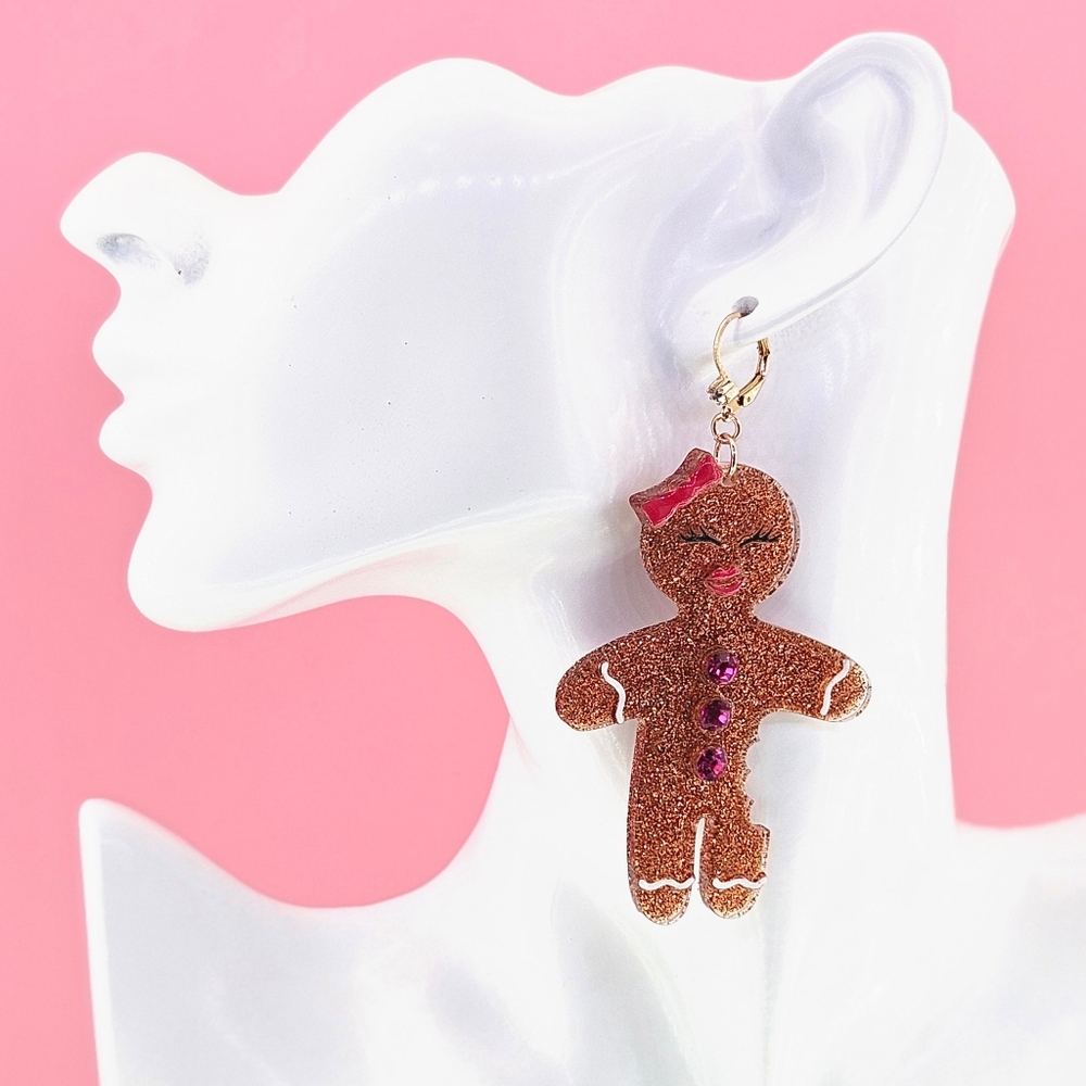 Betsey Johnson Earrings Brown Gingerbread Cookies Couple Sparkle Christmas Gift